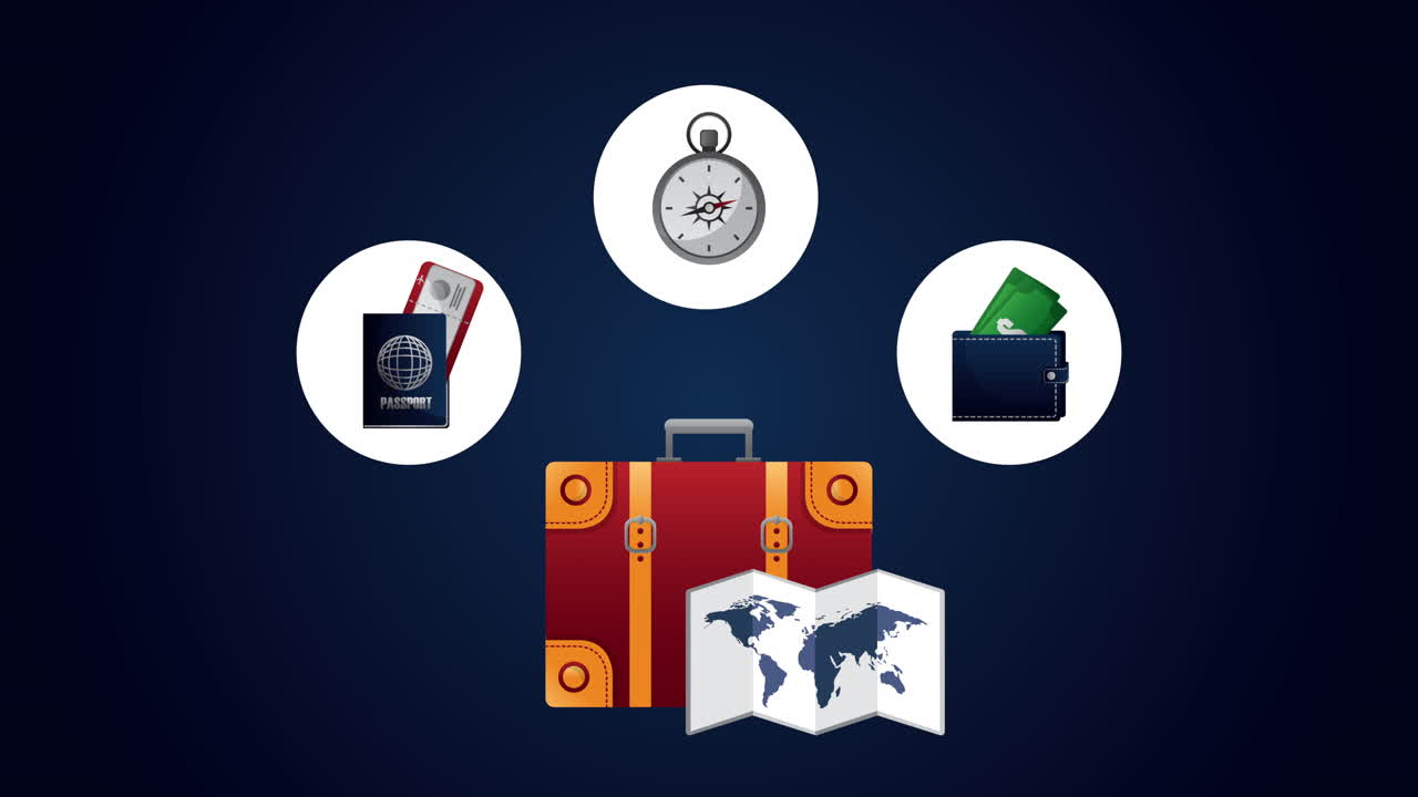 viaje alrededor del mundo animación con maleta y artículos