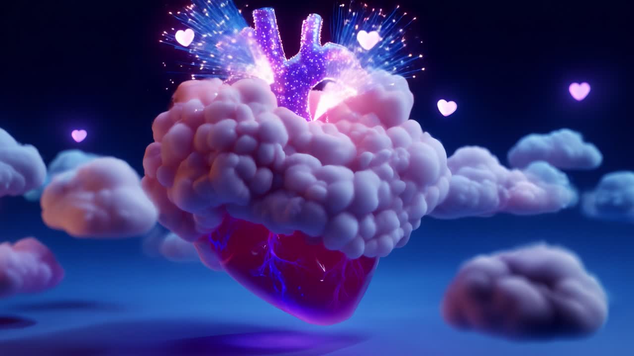 A surreal, vibrant depiction of a floating heart surrounded by ethereal clouds and bursts of colorful sparkles, symbolizing love and emotion in a dreamlike atmosphere, perfect for representing romantic notions