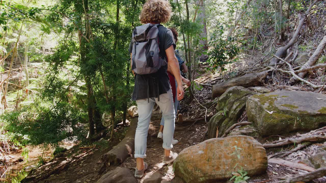 vista trasera de jóvenes amigos caminando por el campo caminando por el camino juntos