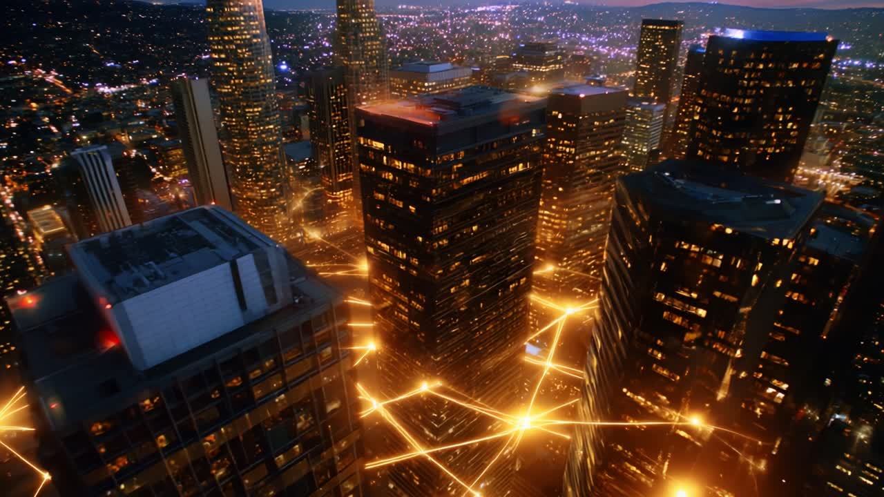 Stunning Aerial Views of a Vibrant Cityscape at Night Featuring Glowing Light Trails and Skyscrapers Under a Starry Sky, Capturing the Pulse of Urban Life in an Illuminated Metropolis
