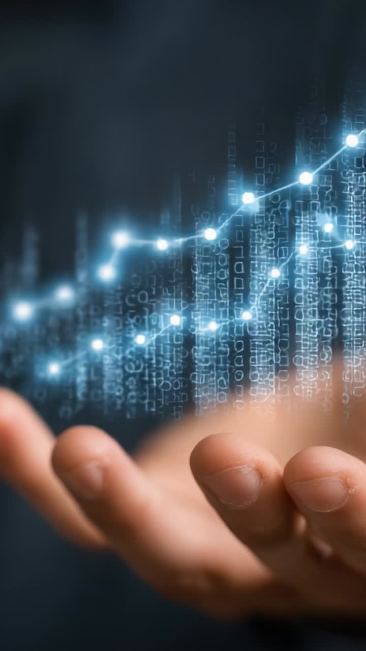 A visually captivating representation of digital analytics and data growth, where a hand manipulates glowing graphs and binary code to illustrate technological advancement