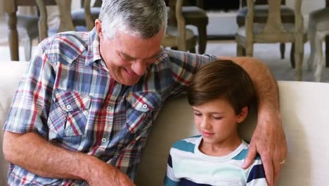 Grandfather-interacting-with-grandson-on-sofa