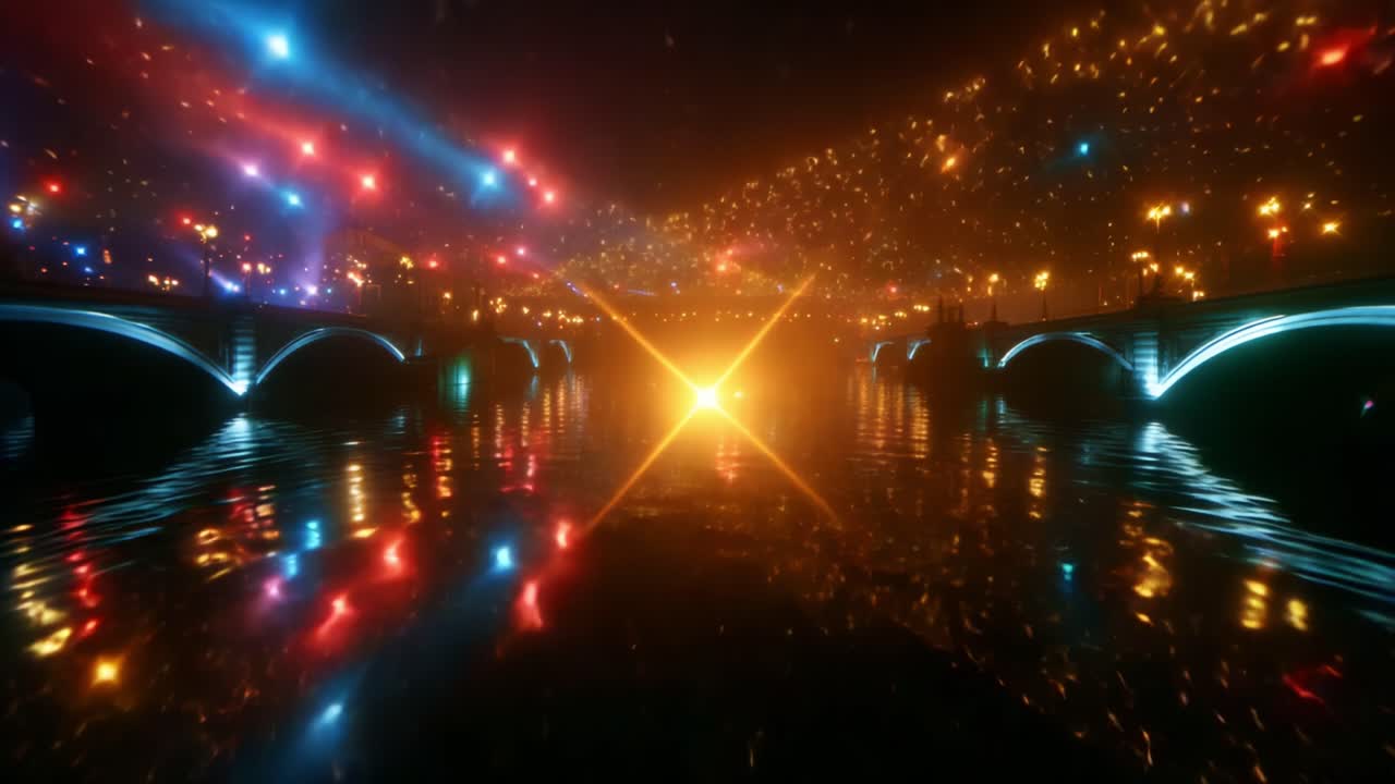 A Captivating Night Scene of a Sparkling River Under a Starlit Sky, Featuring Illuminated Bridges Reflecting Gorgeous Colors across the Water, Creating a Magical Atmosphere of Serenity and Wonder