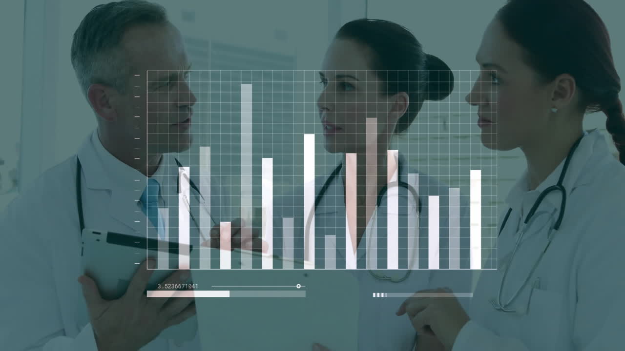 Bar chart and data analysis animation over doctors discussing in hospital