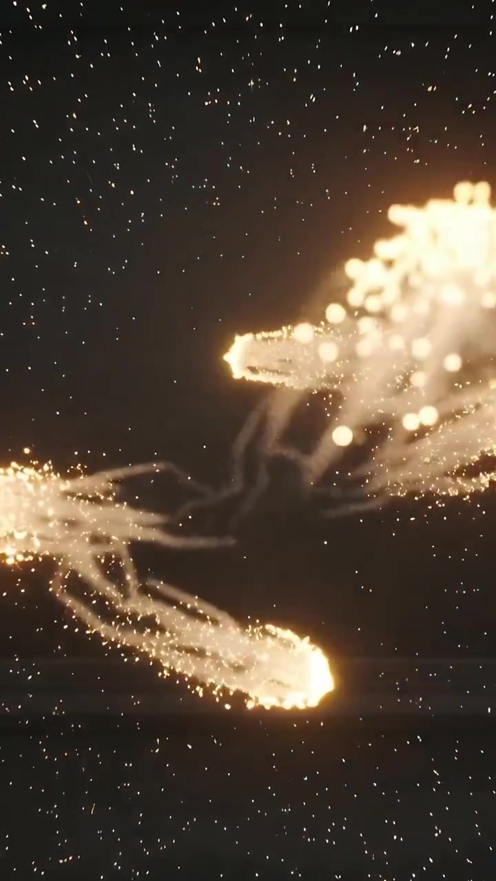 Vertical video: Collapsing spark ring sparking golden bloom forming comet clusters over starfield