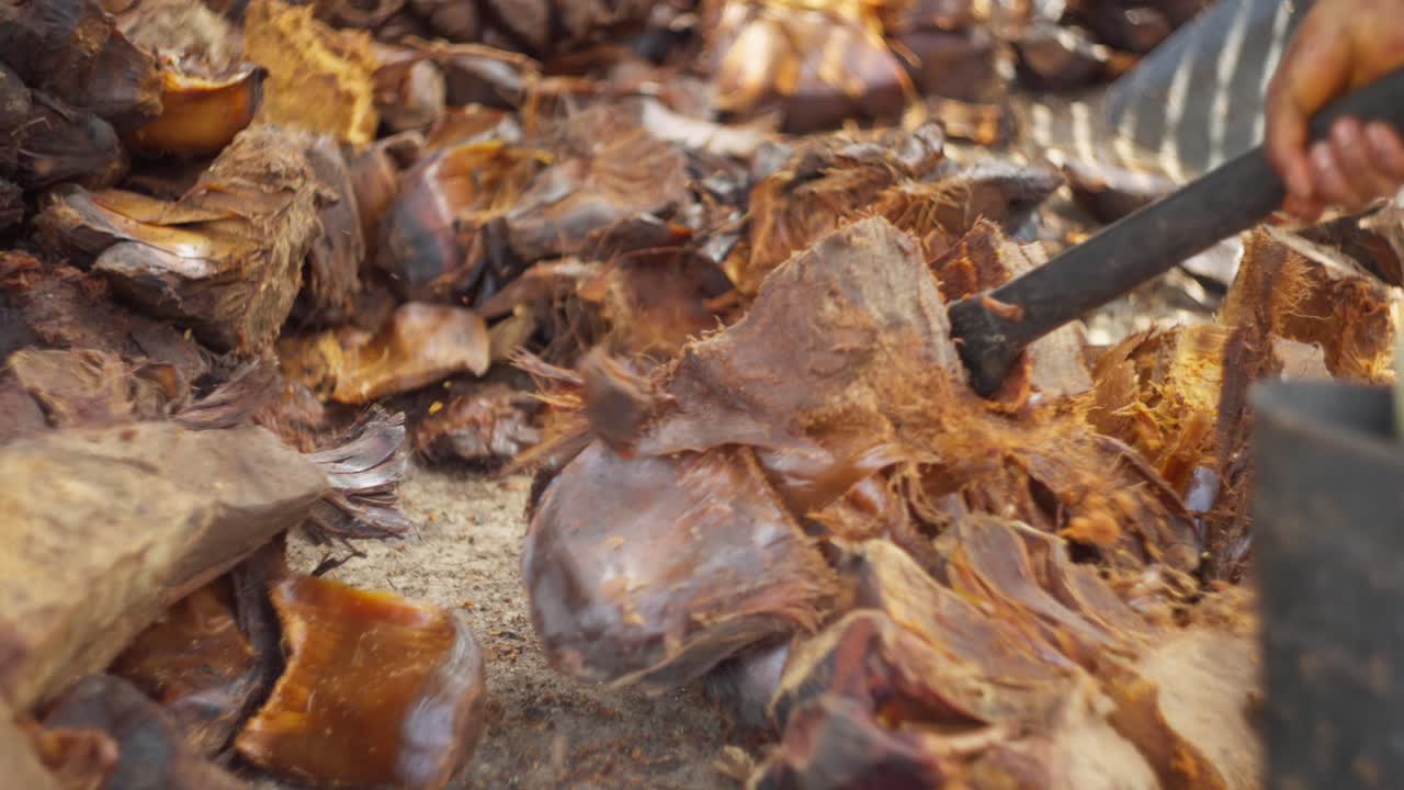 MOVIMENTO LENTO. PRIMO PIANO DI UN UOMO CHE TAGLIA L'AGAVE IN UNA DISTILLERIA DI OAXACA.