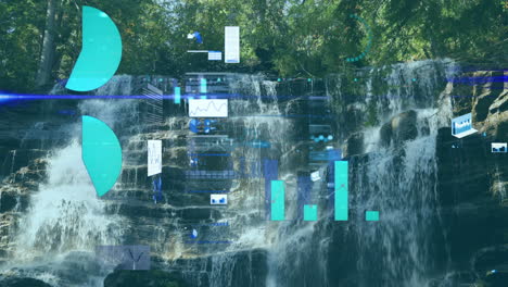 Multi-tiered waterfall cascading over dark rocks, data widgets floating across sunlit forest scene