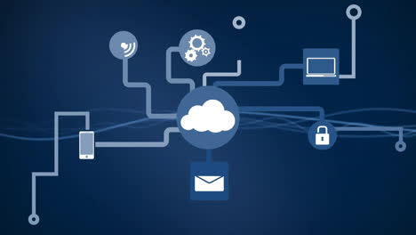 animation of network of connections with cloud and digital icons on blue background