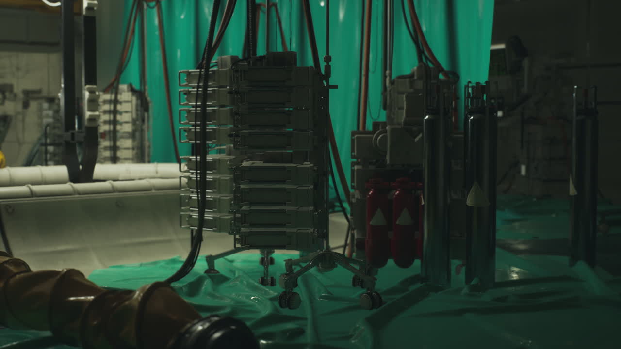 espacio de trabajo industrial con maquinaria y telas verdes durante los trabajos de mantenimiento