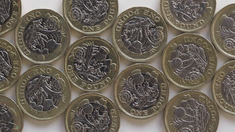 british one pound coins engraved with iconic floral design flat lay on white table - closeup slider shot