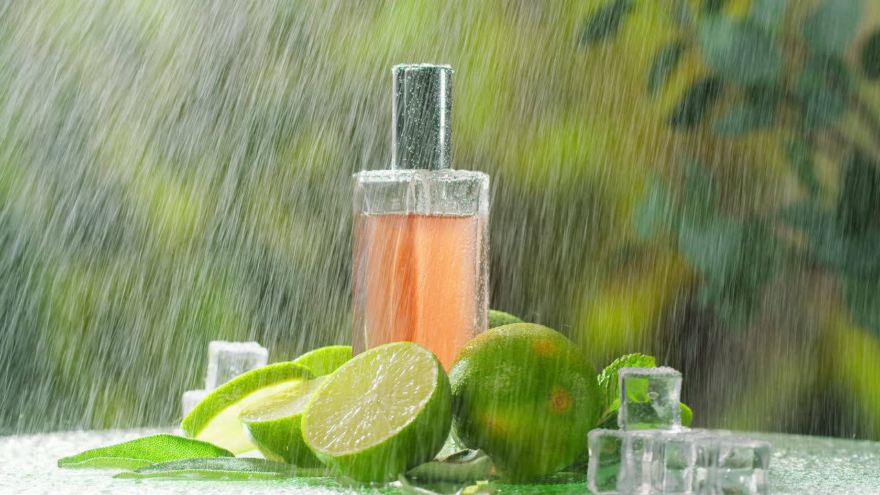 Refreshing Perfume Bottle with Limes, Ice, and Mint Under Rain