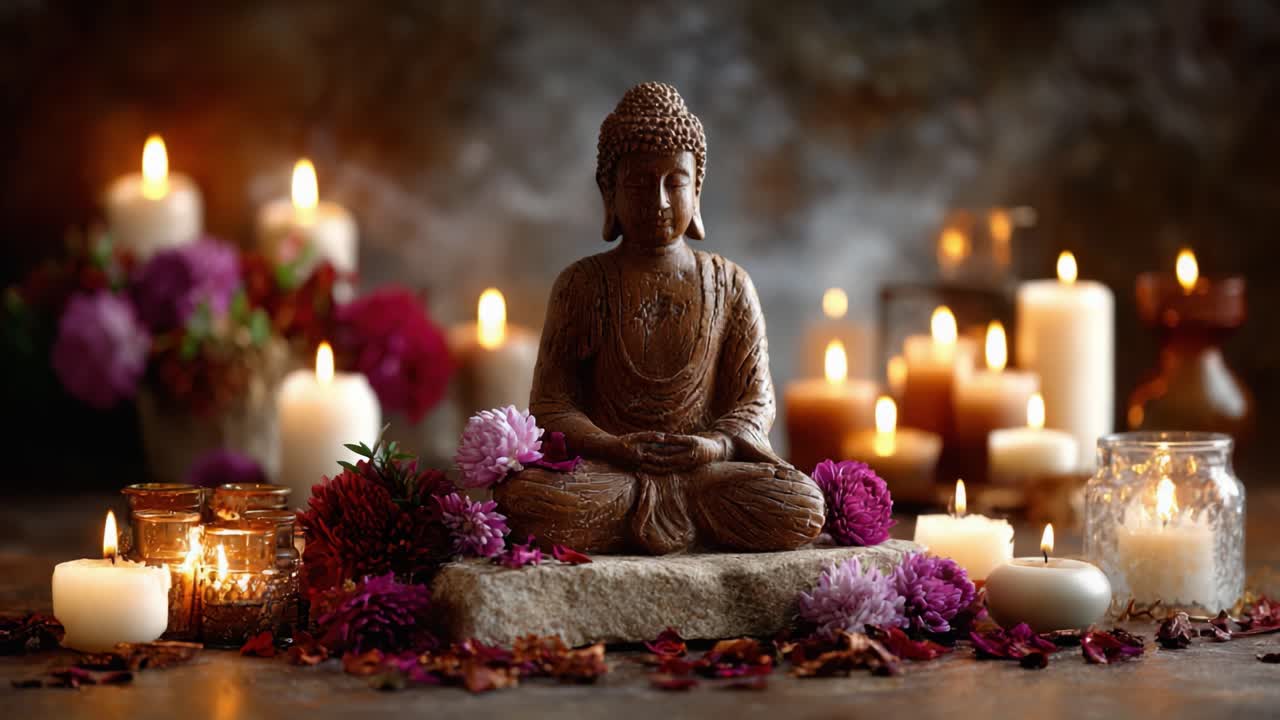 Scultura serena del Buddha circondata da candele e fiori: un'oasi tranquilla di calma e riflessione per la meditazione e la consapevolezza.