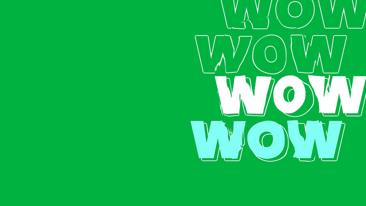 Animation af teksten 'wow' i hvide, blå og sorte flydende bogstaver på sort baggrund.