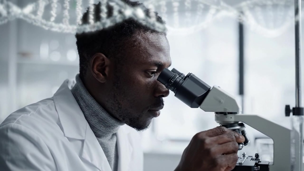 A focused scientist examines specimens through a microscope, showcasing the detailed scrutiny and dedication of laboratory research in a modern scientific environment.
