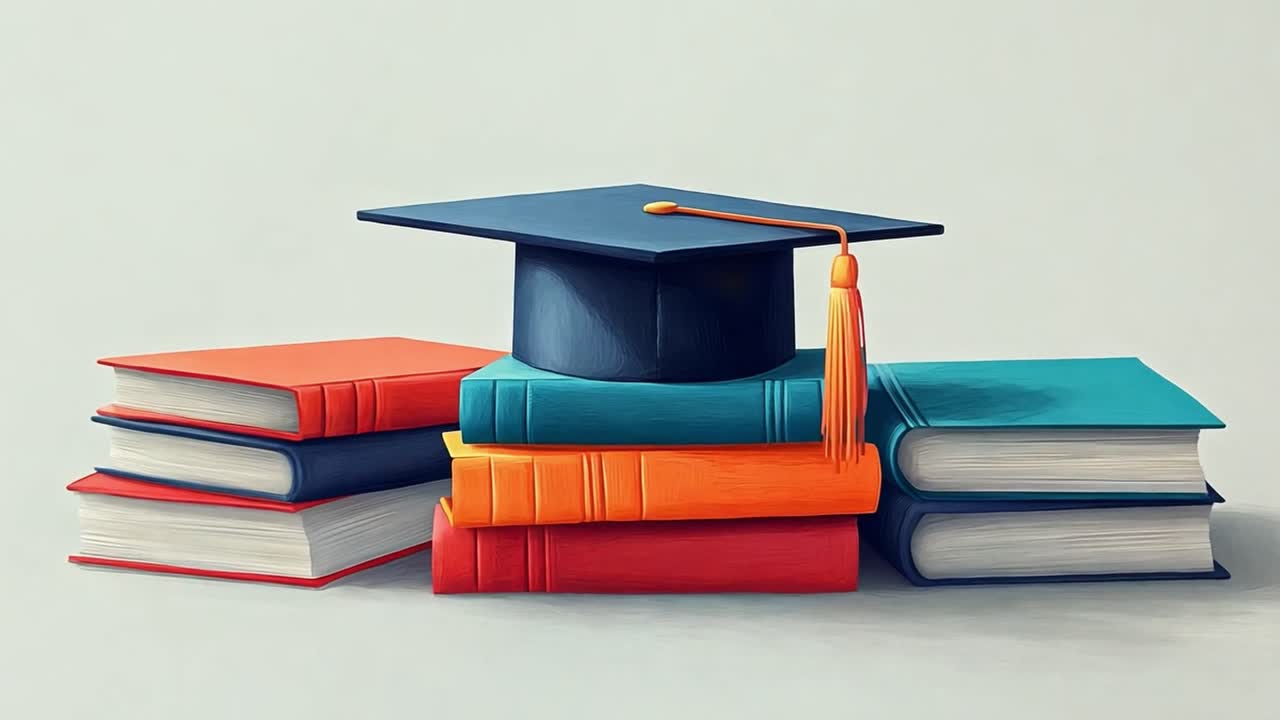 Graduation cap on a stack of colorful books
