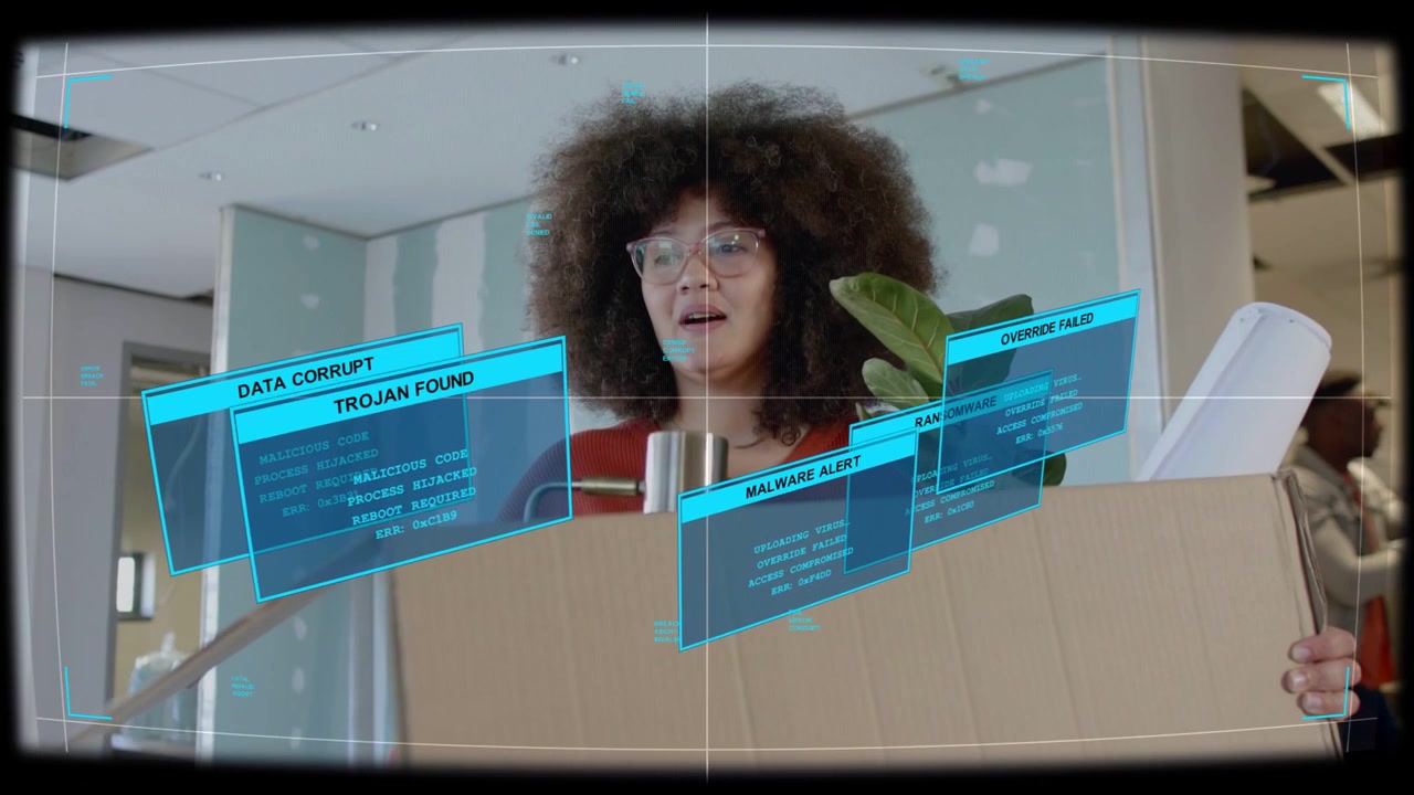 Woman carrying box moving into tech site, activating AR panels showing malware and corrupt data