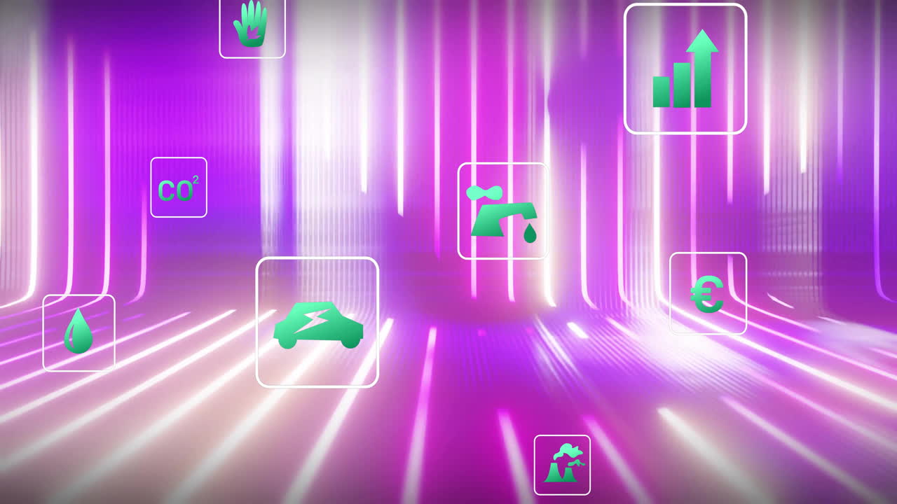 Energy and environmental icons animation over futuristic purple and pink background