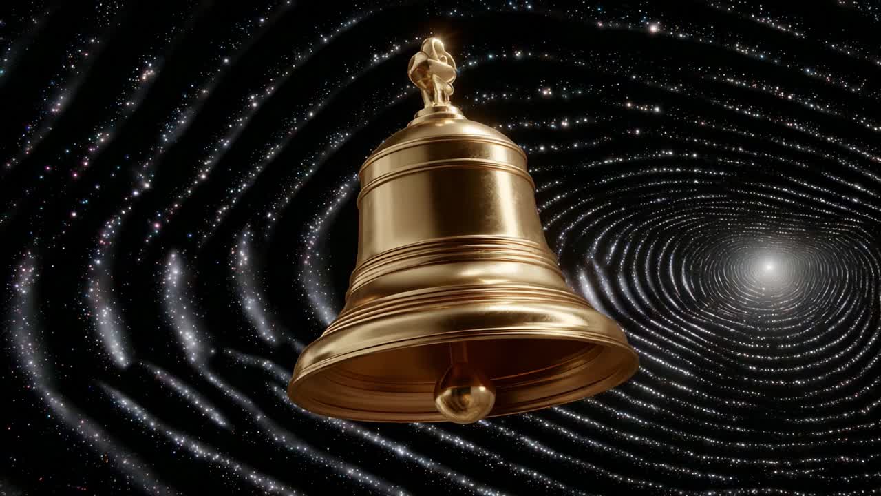 A Glowing Golden Bell Suspended in a Cosmic Spiral, Surrounded by a Sea of Stars, Capturing the Essence of Time and Space in a Mystical and Awe-Inspiring Universe