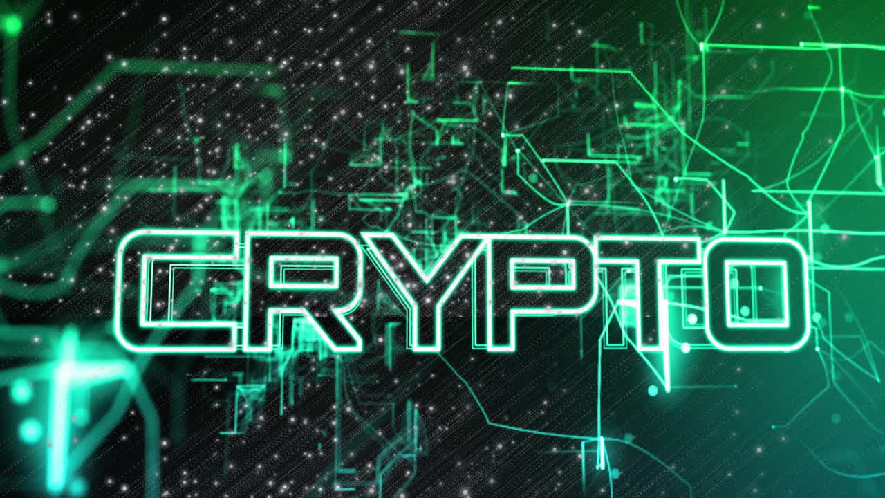 Animation of network of connections with crypto text over spots on black background