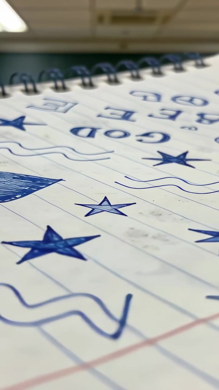 Vertical video: Slow camera panning to reveal spiral notebook with blue-ink doodles on desk in room