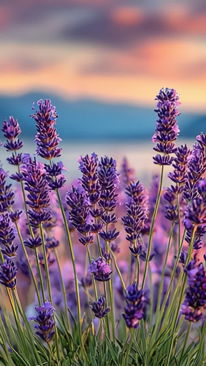 Una vista mozzafiato di campi di lavanda immersi nella calda luce del tramonto, che mostra rigogliosi fiori su uno sfondo panoramico di montagne e acque tranquille