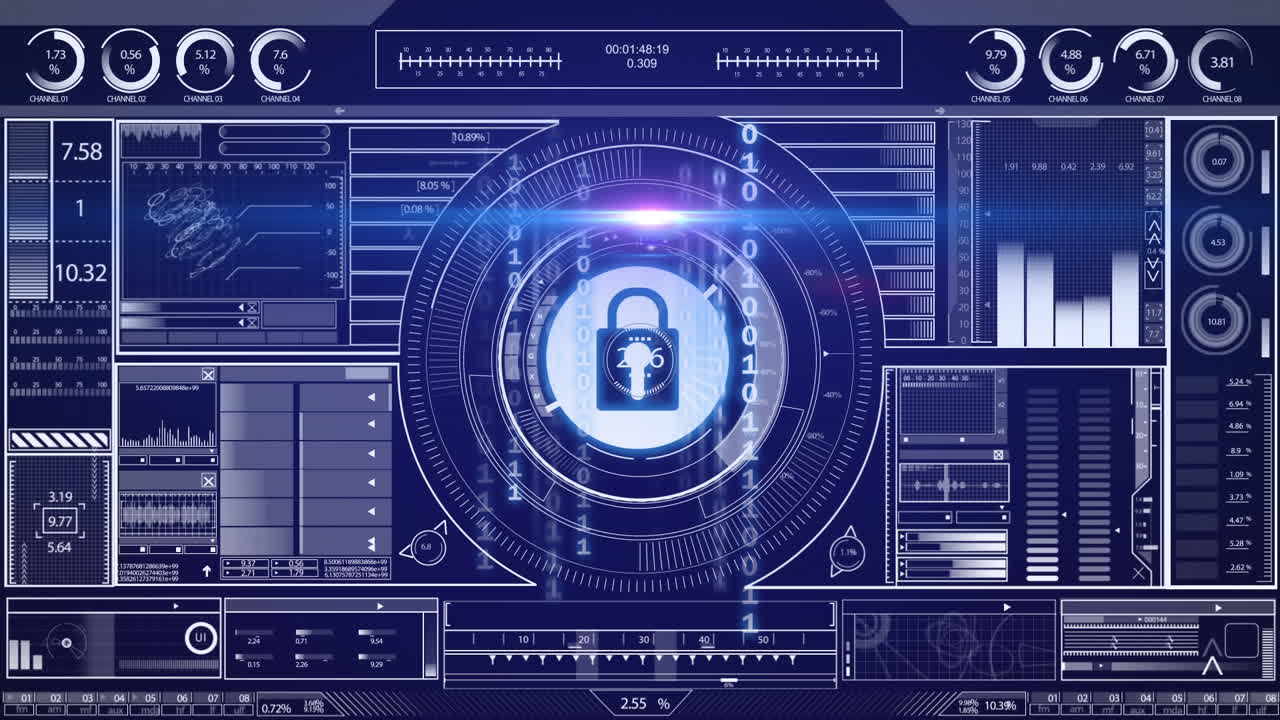 Animation of online security padlock with data processing in background