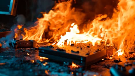 a burning video game console sitting on top of a table