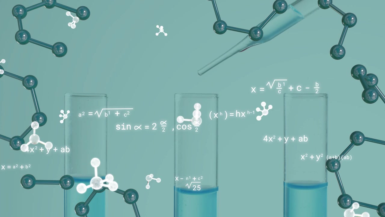 3 test tubes getting drops after pipette entry top-right, molecules drifting, math showing reaction