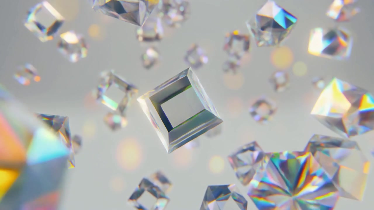 Prismi di cristallo geometrici fluttuanti con effetti di rifrazione della luce
