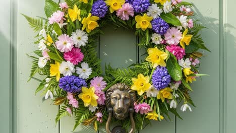 a vibrant floral wreath adorning a door, featuring a lush arrangement of spring blooms in bright colors like yellow, pink, and purple with a lion's head doorknob