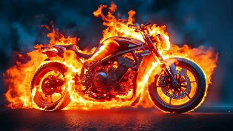 a motorcycle is engulfed in flames on a dark background