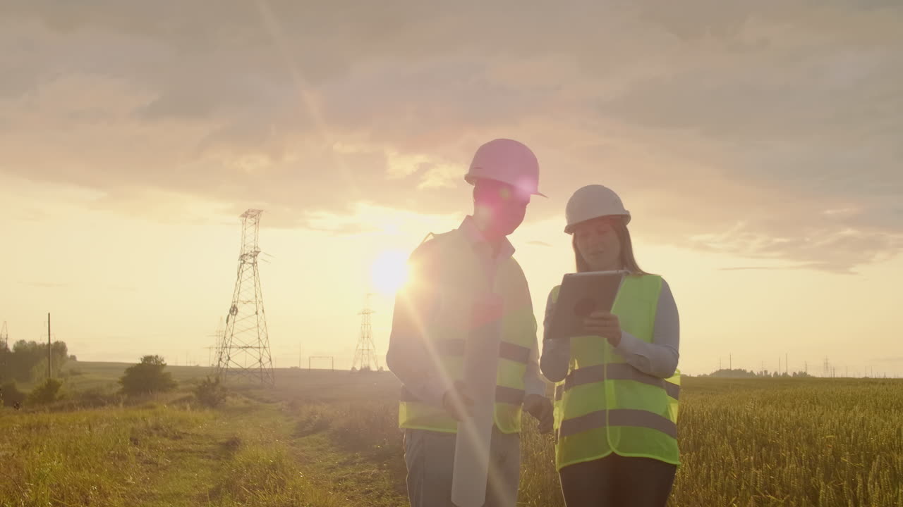 Engineers in uniform working with a laptop near transmission lines.