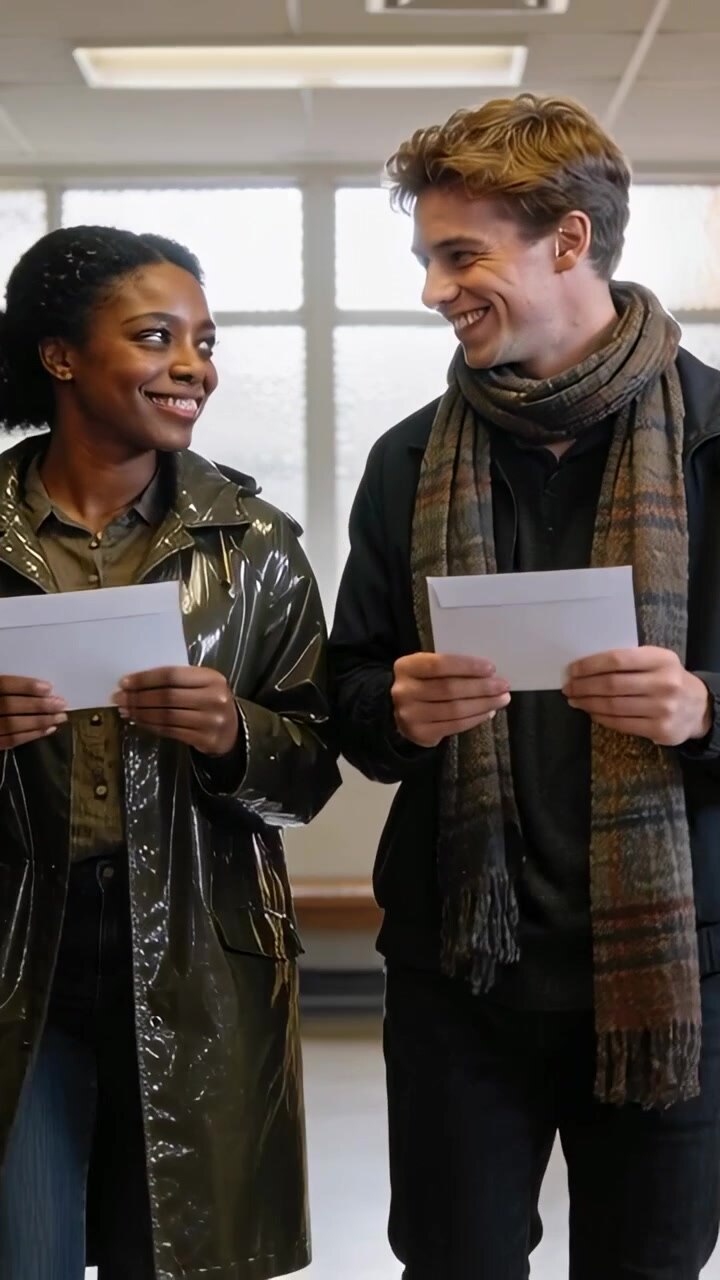 Vertical video: Holding white envelopes, woman in olive coat and man in coat sharing smiles in hall