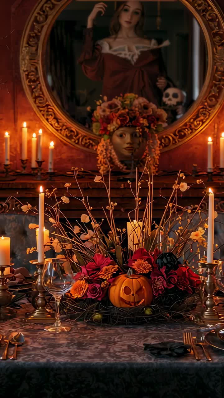 Vertical video: Seeing mirror, woman adjusting hair, lifting skull at ornate table, showing pumpkin