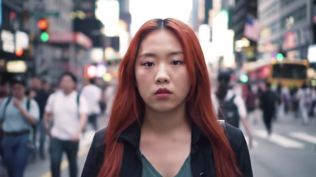 A young woman with striking red hair walks confidently through a bustling urban street. Crowds surround her as she navigates the vibrant atmosphere of Times Square, showcasing city life.