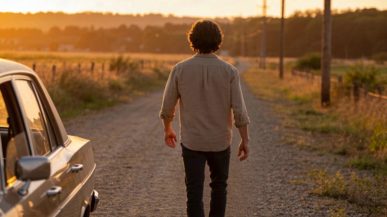After exiting vintage sedan man wearing rolled-sleeve shirt walking down gravel road toward sunset