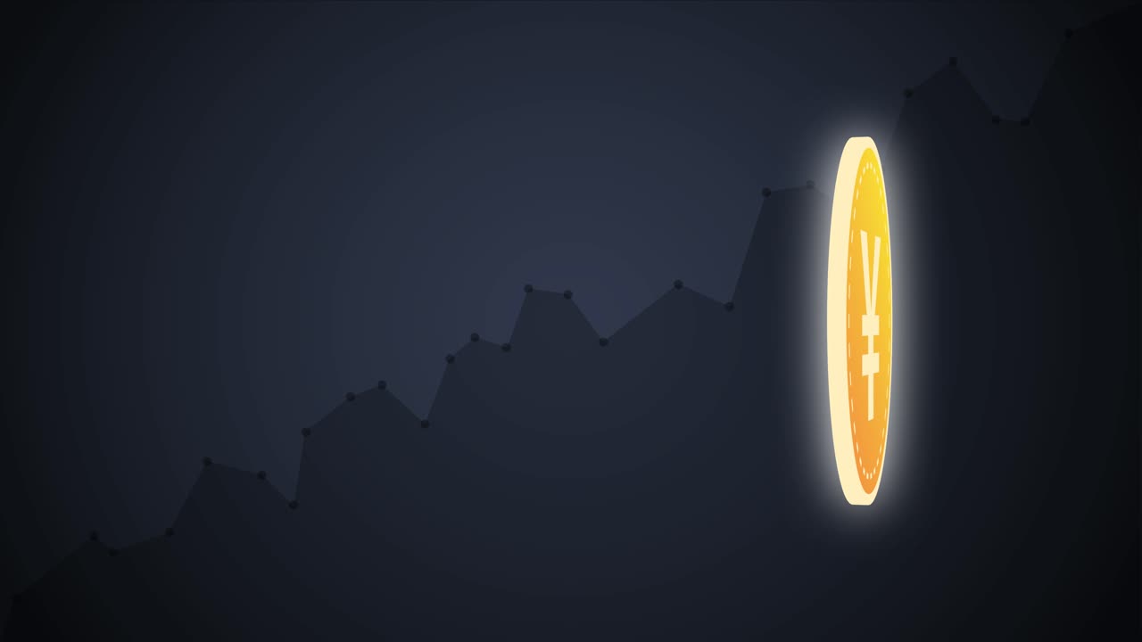 moneda de yen japonés 3d girando sobre su eje con curva de precio en el fondo