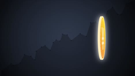 japanese yen coin 3d rotating on its axis with price curve in the background