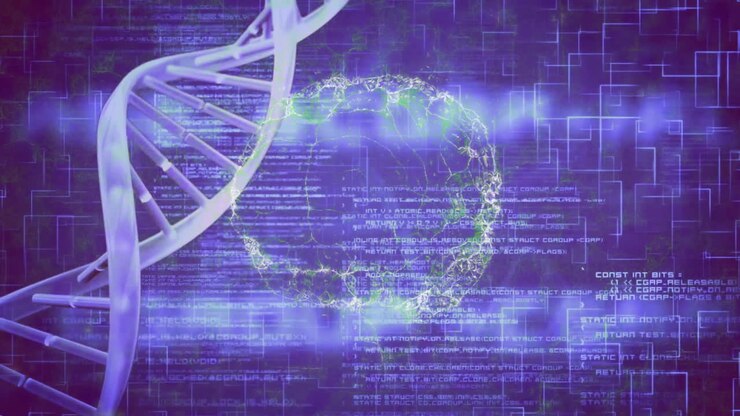 DNA strand with binary coding, processing scientific data in animation