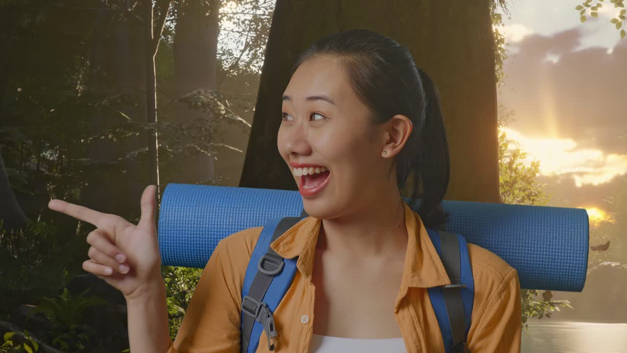 산악 배을 들고 있는 아시아 여성 하이커가 웃으며 숲의 자연을 탐험하는 동안 을 가리키고 있습니다.