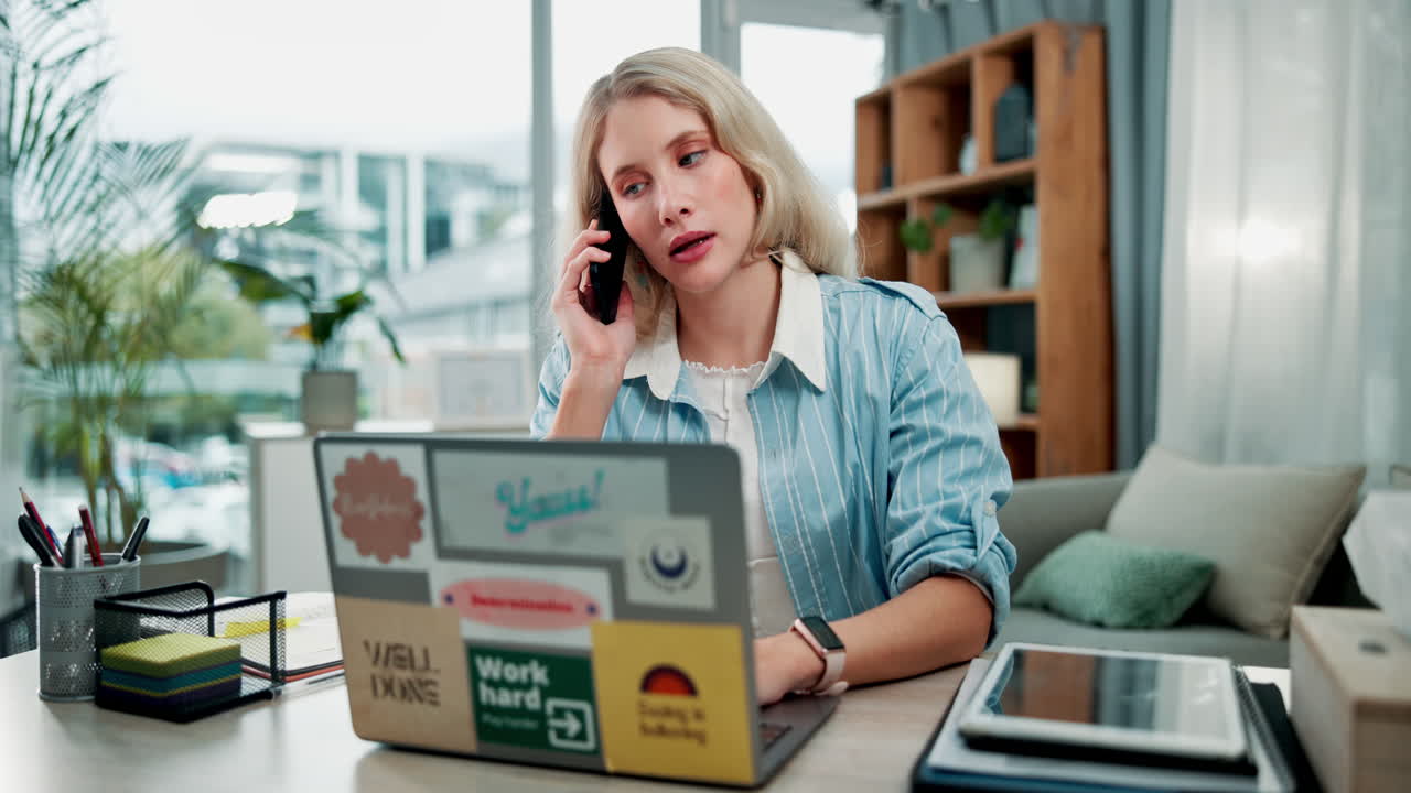 Sick woman coughing while on a phone call and working from home