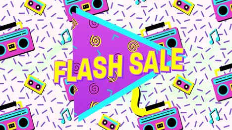 Flash-Sale-Text-Auf-Violettem-Banner-Vor-VHS-Kassettensymbolen-In-Nahtlosem-Muster-Auf-Weißem-Hintergrund