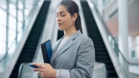 Business-woman,-escalator-and-phone-in-office-to