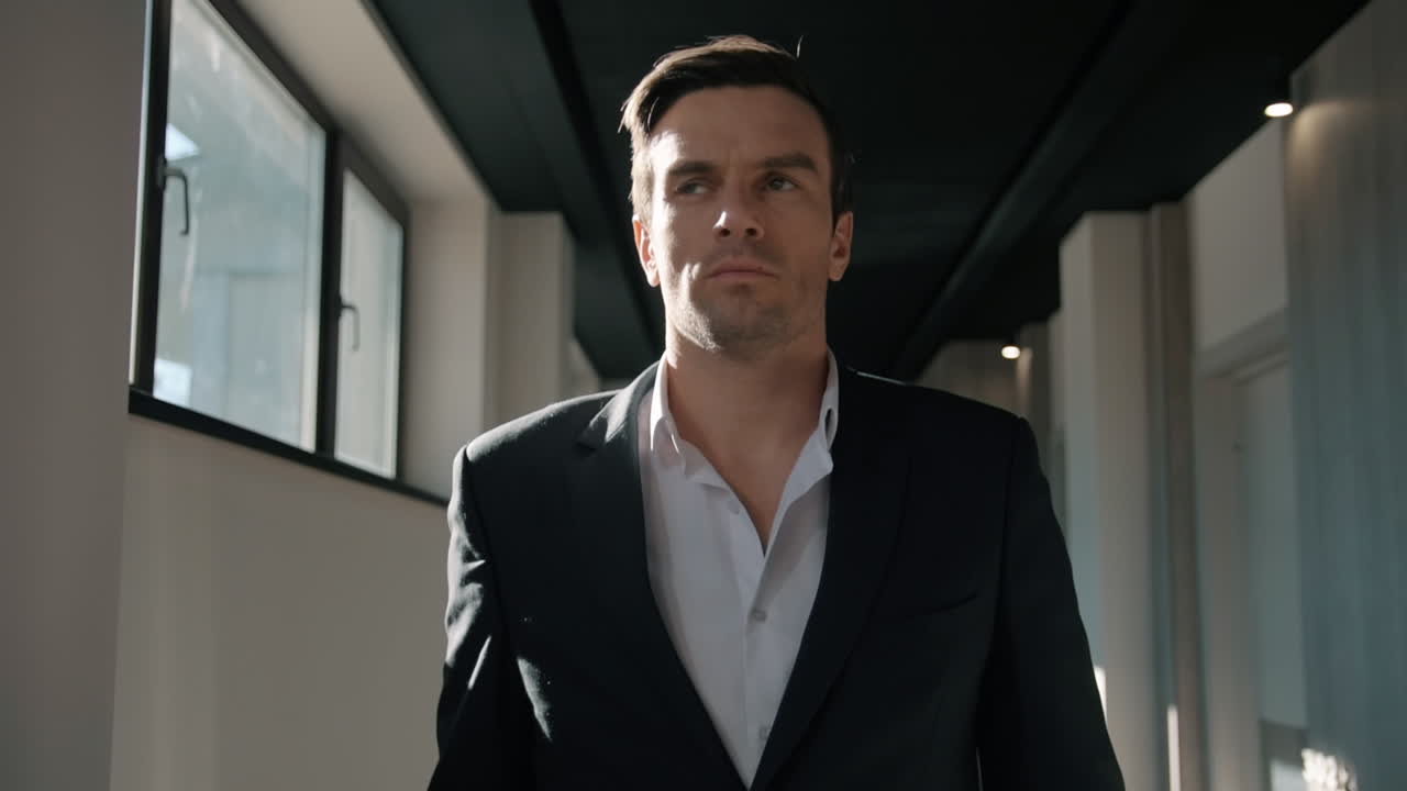 красивый бизнесмен, идущий по коридору в отеле.