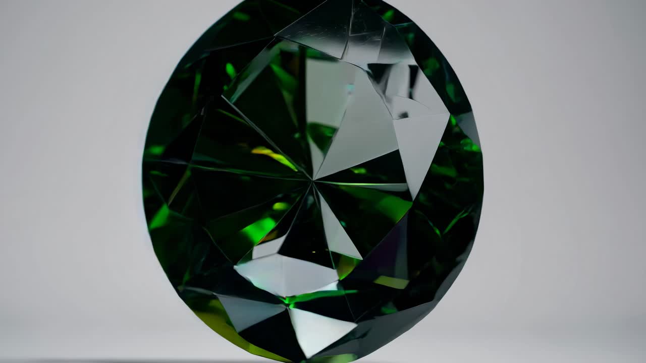 Close-up video of a faceted gemstone with green hues, captured at an angle