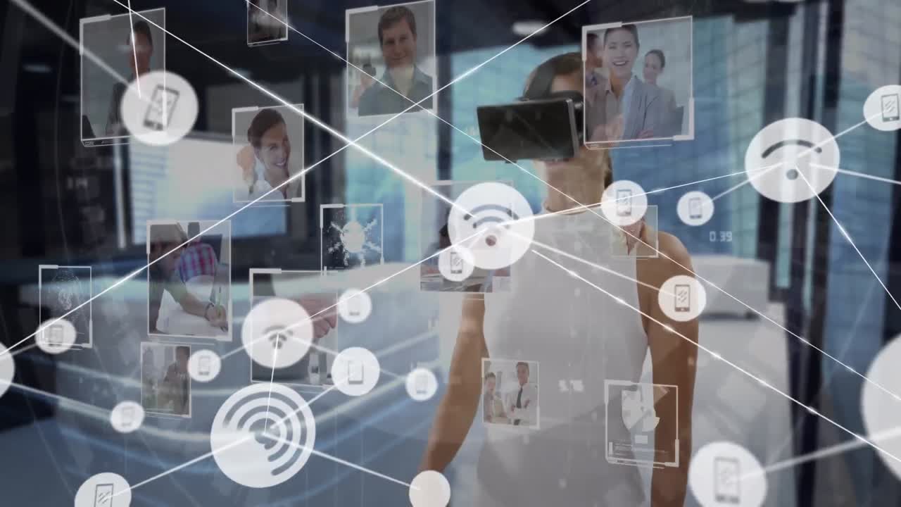 animación de una red de conexiones con iconos sobre una mujer de negocios con auriculares vr