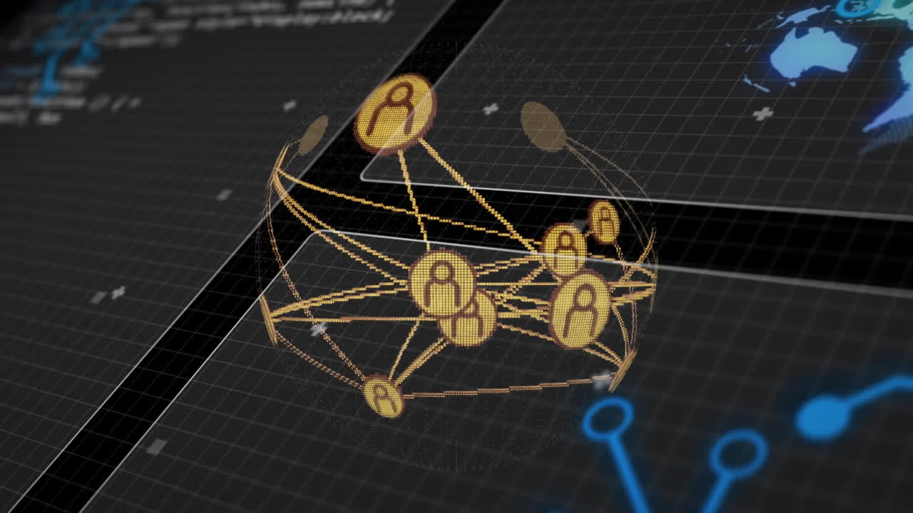 animación de globo de conexiones con iconos sobre procesamiento de datos en fondo negro