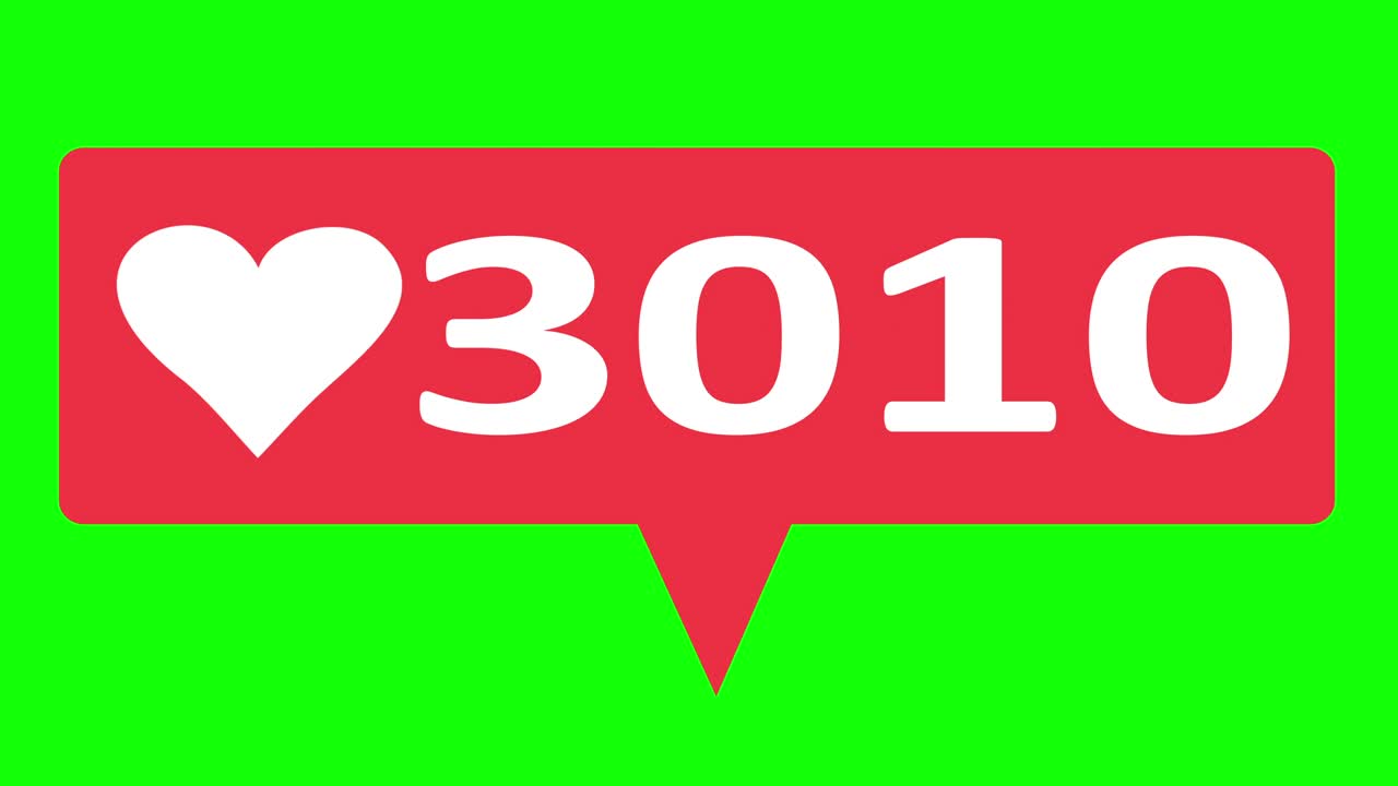 Flat design Heart 4K social media counter, shows clicks over time on a green screen background with alpha matte.