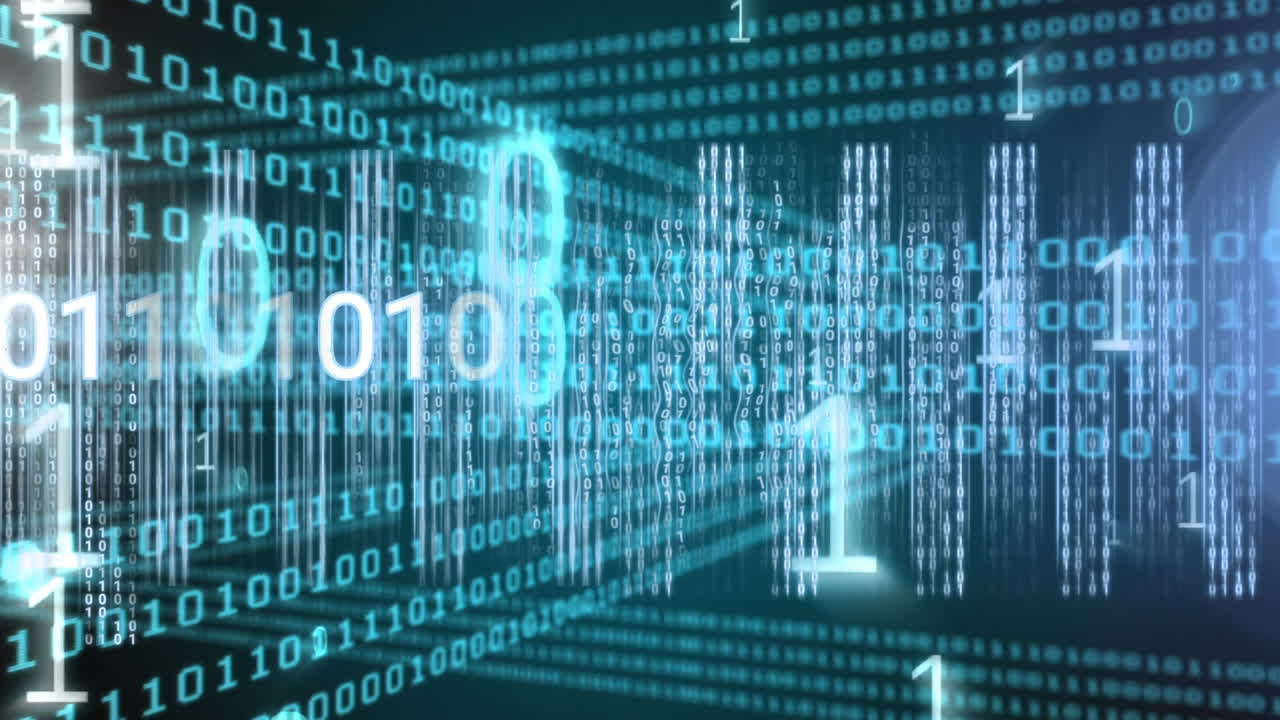 Conceptual digital animation showing binary technology code 4k