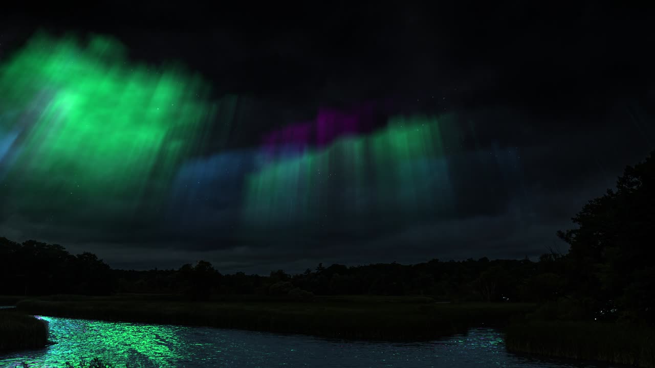 luces del norte, luz polar, aurora boreal en el cielo nocturno. hermoso lapso de tiempo de las estrellas y luces del norte con silueta de un árbol en primer plano. bucle 4k.